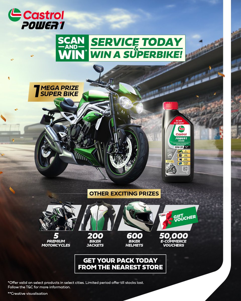 castrolbiking's tweet photo. Two ways to get a superbike:
Some buy it in a showroom...
But Castrol POWER1 users? They grab a pack, scan, and win theirs! 

#CastrolPOWER1ULTIMATE #UltimatePerformance #CastrolPOWER1 #5in1FullSyntheticFormula
#FullSyntheticTechnology #CastrolScanAndWin #Superbike https://t.co/GfmjZpdAvU