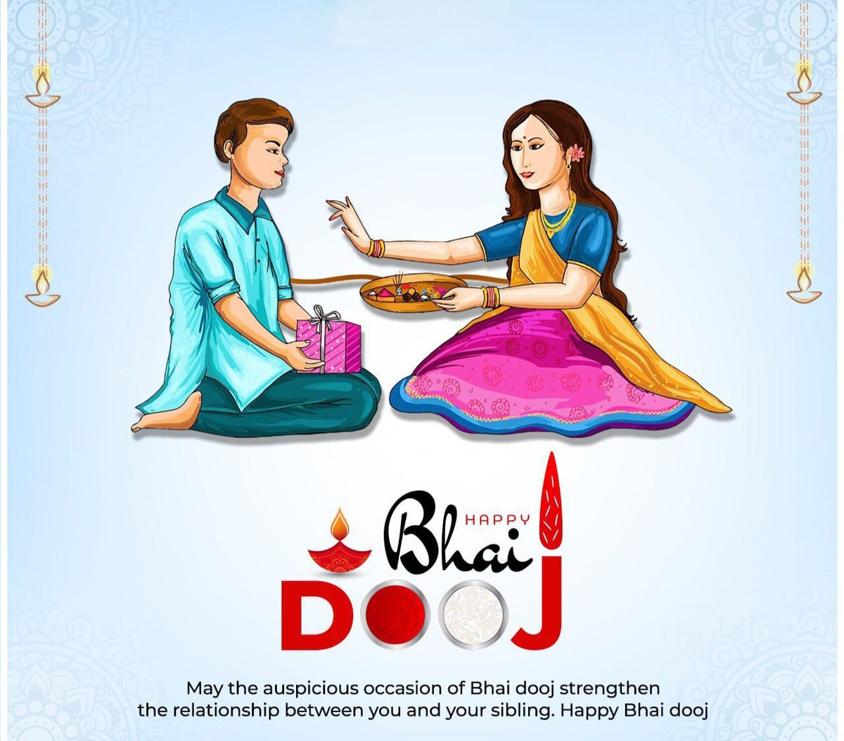 "On this Bhaiya Dooj, celebrates the strong and unbreakable bonds between brothers and sisters. May you always support, protect, and love each other unconditionally. Happy Bhaiya Dooj!"
"इस भाई दूज पर, भाई-बहन के मजबूत और अटूट बंधन का जश्न मनाता है। हमेशा एक-दूसरे का समर्थन करें