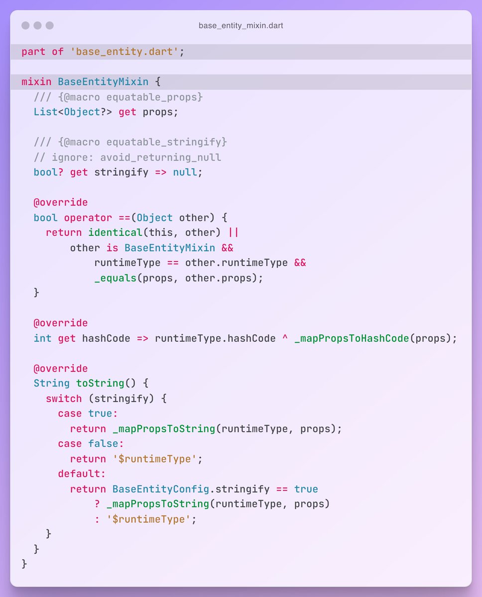 ryanaidilp_'s tweet photo. However, it feels overkill to install an external package just for basic equality checks. So, I built a few classes based on what I learned from equatable's codebase and named it base_entity. https://t.co/O1E7b5lc8s
