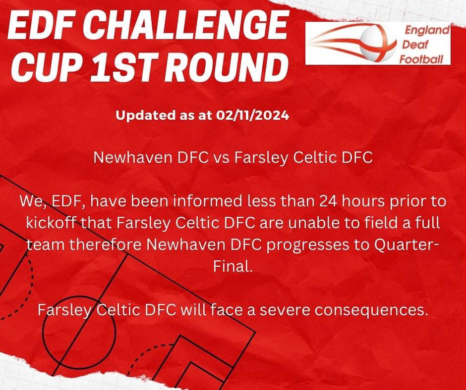 EDF Challenge Cup 1st Round - Updated as at 02/11/2024.

Newhaven DFC Vs. Farsley Celtic DFC.

#EDFChallengeCup #ChallengeCup #DeafFootball