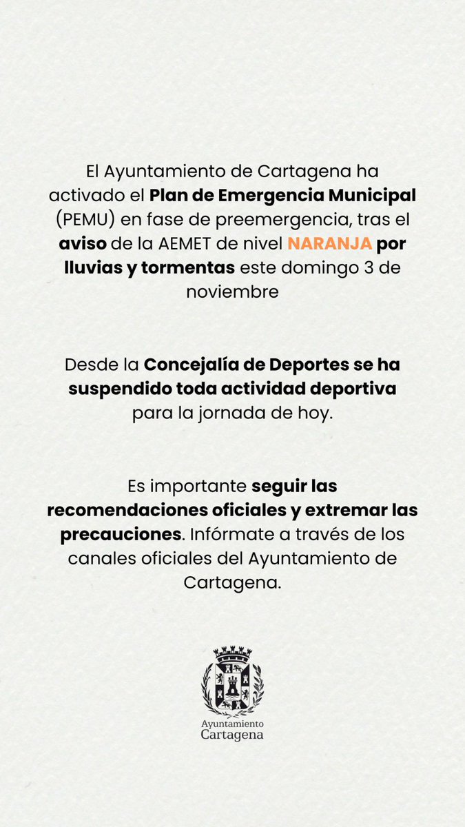 ⚠️ Seguimos tomando medidas ante el aviso de nivel naranja en #Cartagena.

👉🏼 Sigue las recomendaciones: cartagena.es/detalle_notici…
