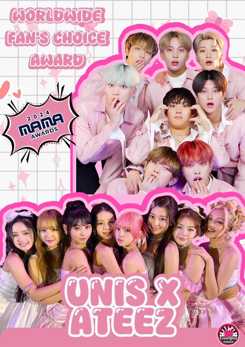 unisvotingcrew's tweet photo. [🔔] ANNOUNCEMENT: MAMA Awards 2024

EverAfters, you guessed it right!🎉 UNIS x ATEEZ is here!🫶🏼 Starting from today, kindly drop your votes for ATEEZ for the Fans’ Choice Male Category!

🎯 Male:  ATEEZ
🎯 Female:  UNIS

Comment ‘UNEEZ’ now!👇🏻

📣 Shifting all gears, knocking on all fanbases, GCs, servers and casual voters, here is our 2024 MAMA Fans' Choice! Together we can do this!💪🏻🚨

#2024MAMAVOTE #unis