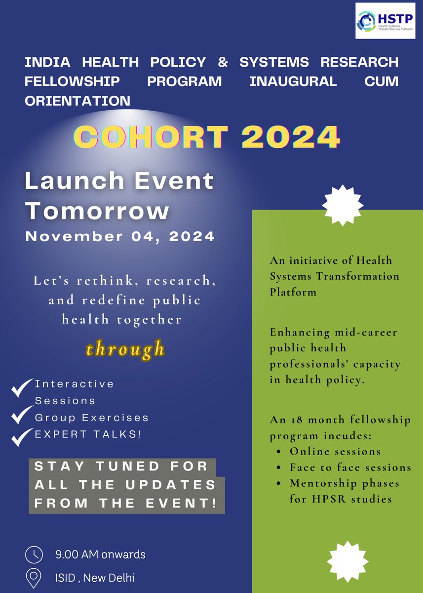 Health Systems Transformation Platform (@hstpindia) on Twitter photo #Tomorrow marks the launch of #Cohort2024 <a href="/HPSRIndia/">India HPSR Fellowship</a>, an initiative by <a href="/HSTPIndia/">Health Systems Transformation Platform</a>
We are thrilled to kick off the journey with an impactful Inaugural - Orientation Session, from 4th - 6th Nov @ ISID, New Delhi.
Join us as we embark on this transformative journey.
Stay tuned! #Tomorrow marks the launch of #Cohort2024 <a href="/HPSRIndia/">India HPSR Fellowship</a>, an initiative by <a href="/HSTPIndia/">Health Systems Transformation Platform</a>
We are thrilled to kick off the journey with an impactful Inaugural - Orientation Session, from 4th - 6th Nov @ ISID, New Delhi.
Join us as we embark on this transformative journey.
Stay tuned!