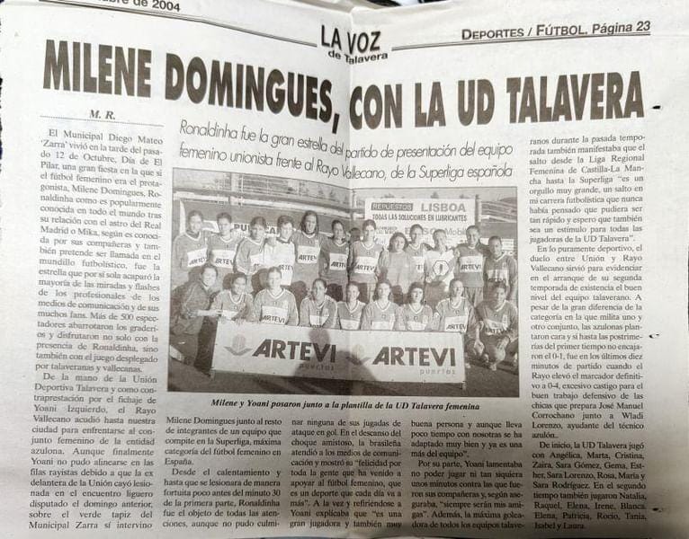 El fútbol femenino en Talavera
#futbolcentenarioTalavera

2003 surge la UD Talavera femenino procedente de su escuela AtalayaAzumar
Segunda temporada en Regional presentación en el Zarra 12.oct.2004 contra el Rayo de Ronaldinha tras la venta al equipo madrileño de Yoani Izquierdo