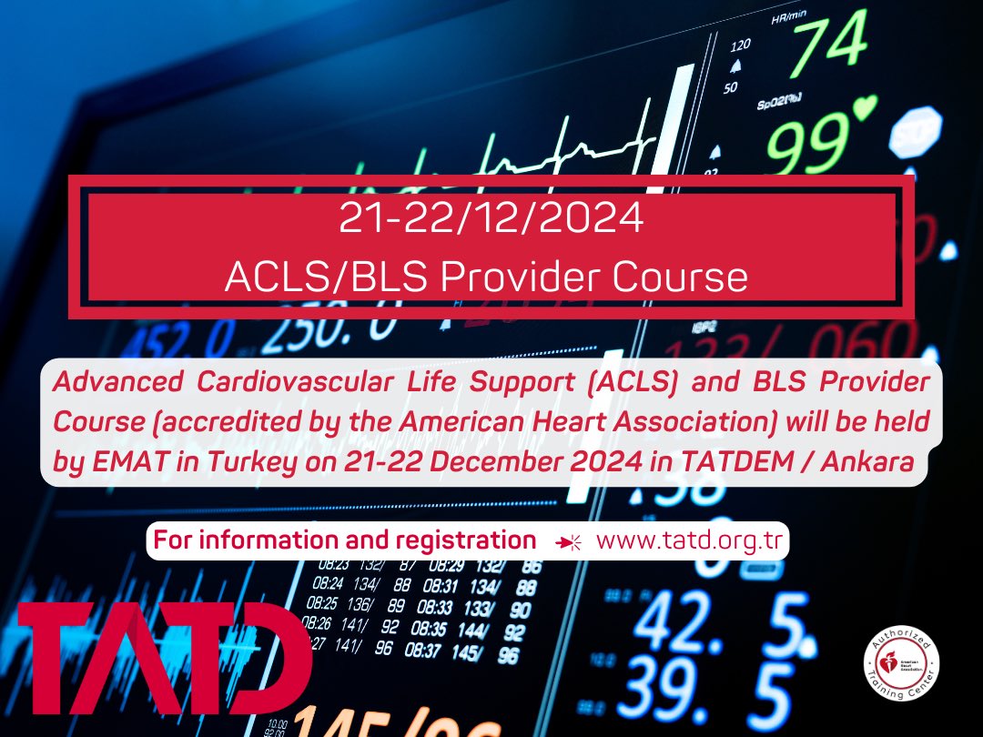 American Heart Association tarafından akredite edilmiş İleri Kardiyak Yaşam Desteği ve Temel Yaşam Desteği Kursu 21-22 Aralık 2024’te Ankara’da gerçekleşecektir.
🫀Detaylar ve kayıt için ➡️ tatd.org.tr/tatdem
<a href="/TrTATD/">Türkiye Acil Tıp Derneği - TATD (EMAT)</a>