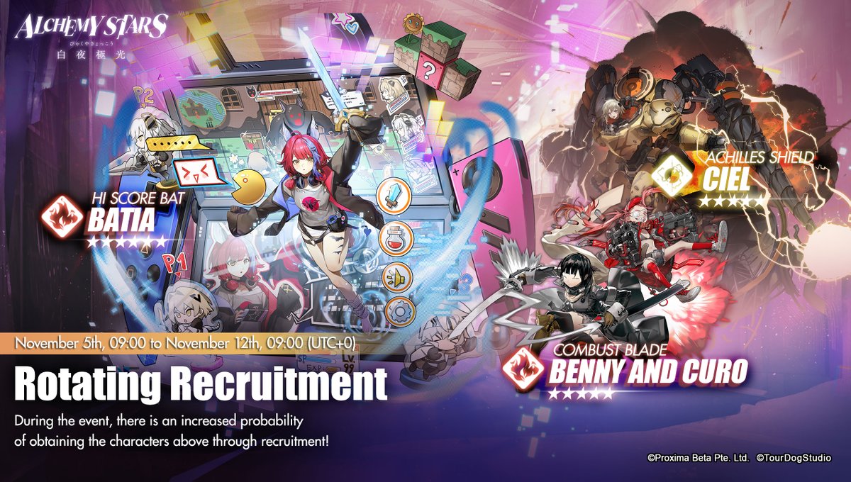 AlchemyStarsEN's tweet image. The upcoming Rotating Recruitment will feature Batia, Ciel, and Benny and Curo! 🔥⚡️
The previous banner featuring Mu Yuebai, Kleken, and Sanae will also be coming to an end soon!
#AlchemyStars