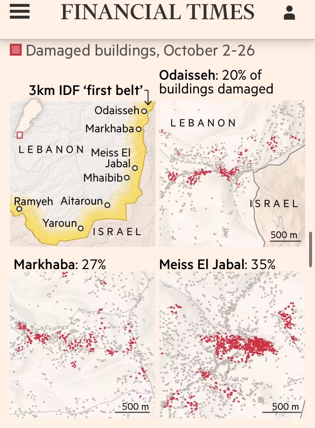 PeruginiNic's tweet photo. The Israeli military is trying to create a 3km “buffer zone” along the border with Lebanon by detonating dozens of villages while depopulating them. https://t.co/BPN07K6ADU