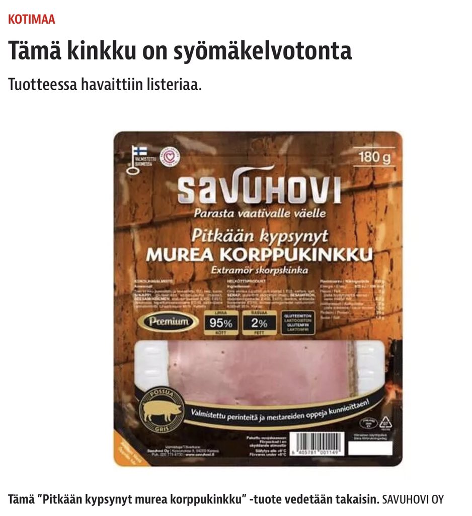 LiskoTouko's tweet photo. Savuhovin kinkussa listeriaa. 
Tuotantomaa EU, siis mikä Puola, Bulgaria vai Tanska? Kaikki maita, joissa sialla ei ole saparoa. 
Osta vaan ulkomaista lihaa, saat kaupanpäälle salmonellaa, listeriaa, antibiootteja, kasvuhormooneja.
Siniristilippu, varmasti ulkolaista lihaa. https://t.co/PGt70H6eDw