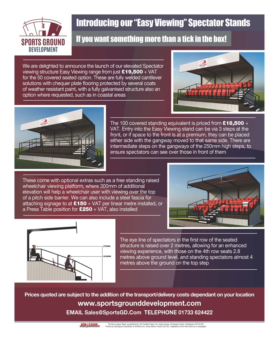 Today's back page advert in the excellent <a href="/NonLeaguePaper/">The Non-League Paper</a> where we launch our Easy Viewing elevated stand structures for both Seated, Standing &amp; Wheelchair spectators. We can also provide a 1.05m elevation as well as 525mm. Sales@SportsGD.com 01733 624422