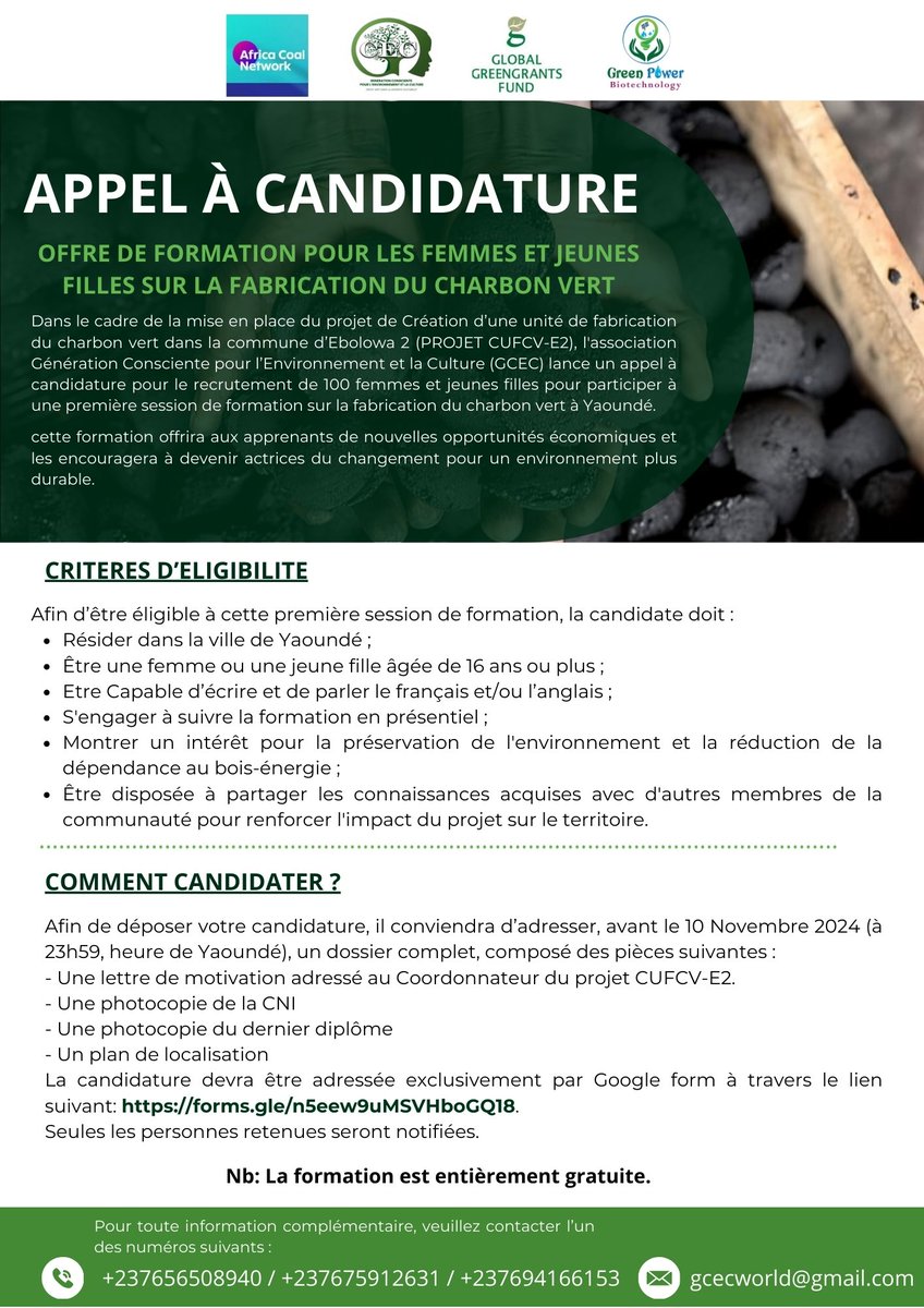 Formation gratuite sur le charbon vert à Yaoundé le 13 novembre ! 🌱👩‍🏫 Apprenez des compétences pratiques et devenez une actrice du changement écologique. Postulez dès maintenant ! ➡️forms.gle/n5eew9uMSVHboG…
#FormationCharbonVert #Autonomisation #Environnement #CUFCV_E2
