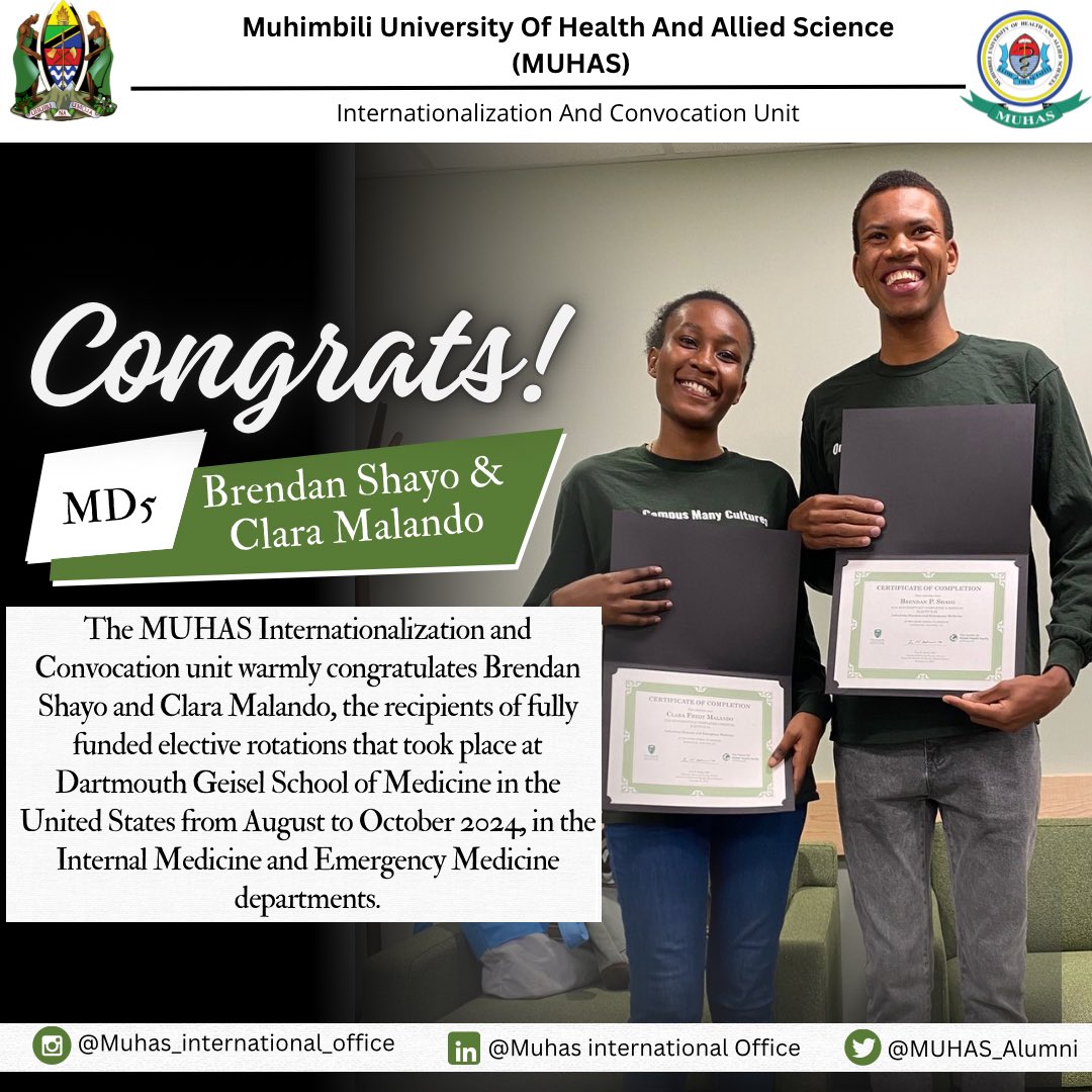 MUHAS_Alumni's tweet photo. 🎉 𝐂𝐎𝐍𝐆𝐑𝐀𝐓𝐔𝐋𝐀𝐓𝐈𝐎𝐍𝐒!🎉 🇺🇸!
𝐁𝐫𝐞𝐧𝐝𝐚𝐧 𝐒𝐡𝐚𝐲𝐨 𝐚𝐧𝐝 𝐂𝐥𝐚𝐫𝐚 𝐌𝐚𝐥𝐚𝐧𝐝𝐨 for completing their fully funded elective rotations at Dartmouth Geisel School of Medicine! From August to October 2024, they rotated in Internal Medicine and Emergency Medicine https://t.co/ZrlKxDtwLp