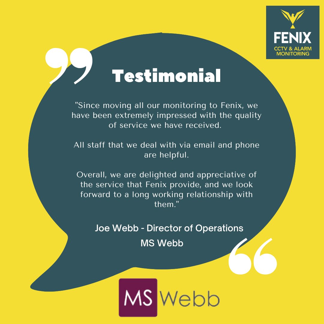 FenixMonitoring (@fenixmonitoring) on Twitter photo Don't just take our word for it!
We are incredibly grateful to Joe  at M. S. Webb for taking the time to share their testimonial with us! Your feedback inspires us to keep striving for excellence every day. 
#Gratitude #PartnersinCrime #Testimonials #ThankYou Don't just take our word for it!
We are incredibly grateful to Joe  at M. S. Webb for taking the time to share their testimonial with us! Your feedback inspires us to keep striving for excellence every day. 
#Gratitude #PartnersinCrime #Testimonials #ThankYou