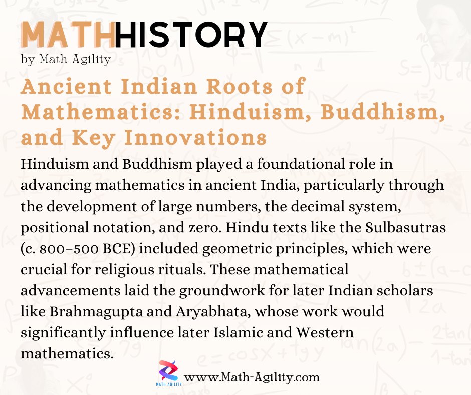 MathAgility's tweet image. Math History - Ancient Indian Roots of Mathematics: Hinduism, Buddhism, and Key Innovations

#MathAgility #MathProblems #MathSolutions #MathTutor
We are math tutors. Send us a message for inquiries or visit our website math-agility.com