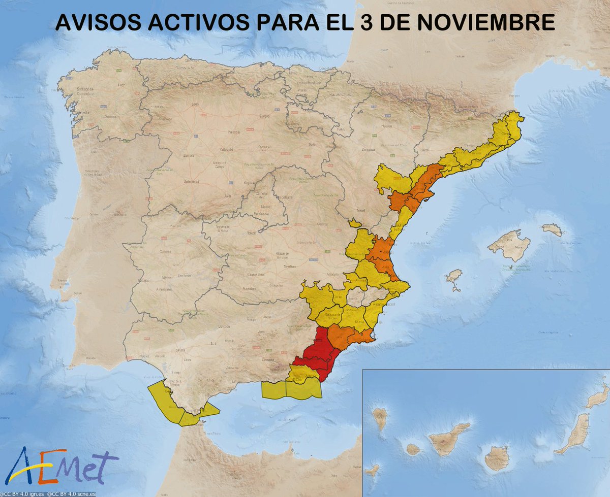 ⚠️AVISO ROJO | Lluvias torrenciales en la provincia de Almería.

Posibles desbordamientos de cauces e inundaciones. ¡El peligro es extremo! ¡No viaje salvo que sea estrictamente necesario!

En otras zonas del Mediterráneo persiste el aviso naranja: peligro importante.
