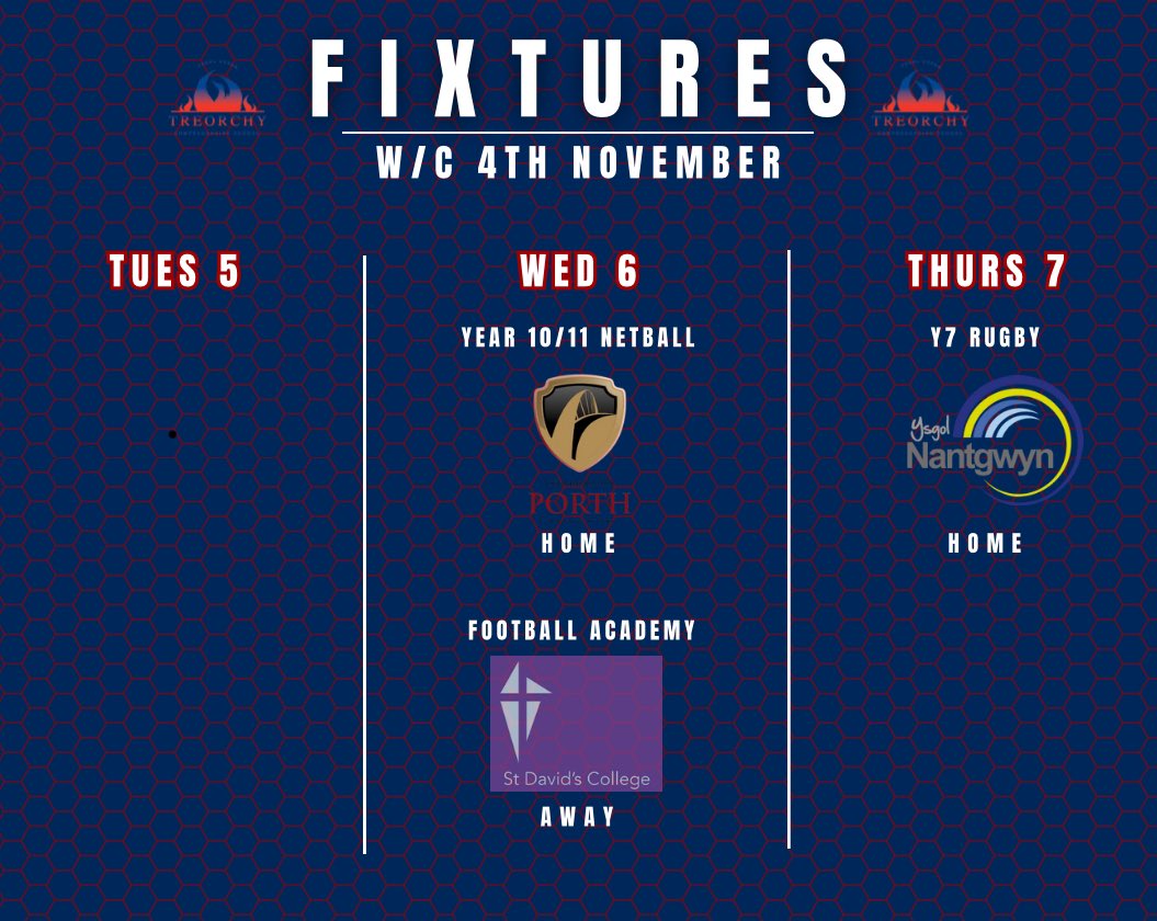 WHATS ON W/C 4th NOVEMBER🚨

We are straight back to action with training and fixtures across the middle 3 days this week👊🏻
➡️Our 🏉 series v Nantgwyn continues
➡️Y10-11 start their 🏐 league campaigns
➡️⚽️ Academy out in action

Netball Training switch around of days THIS WEEK!