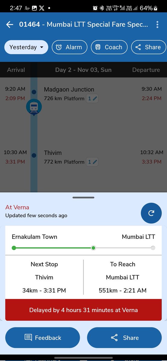 phoenixjomon's tweet photo. @RailwaySeva @AshwiniVaishnaw @RailMinIndia @AshwiniVaishnaw @KonkanRailway @RailwaySeva Even after raising complaint again train is halted. Now delay time is more..crossed 4hr 30min. https://t.co/HCOqre0VYz