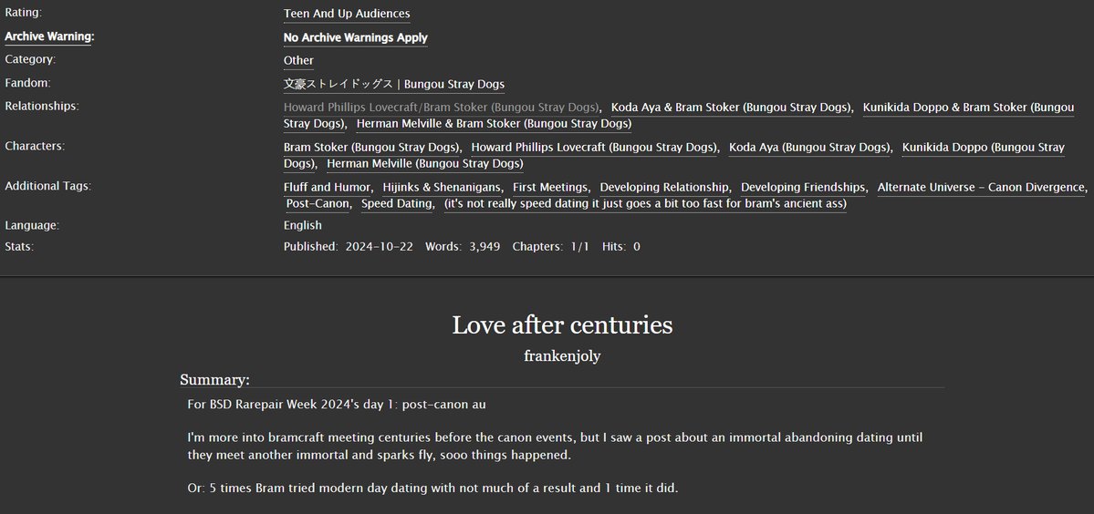 frankenjoly's tweet photo. for @bsd_rpw_2024's day 1: post-canon au
Silly "speed" dating fic with endgame bramcraft where they meet post-canon or times Bram tried modern day dating with not much of a result and 1 time it did.
#bsdrarepairweek2024 #bsd #bramcraft
https://t.co/PoKKJqVaDm https://t.co/EPqgyWPCD1