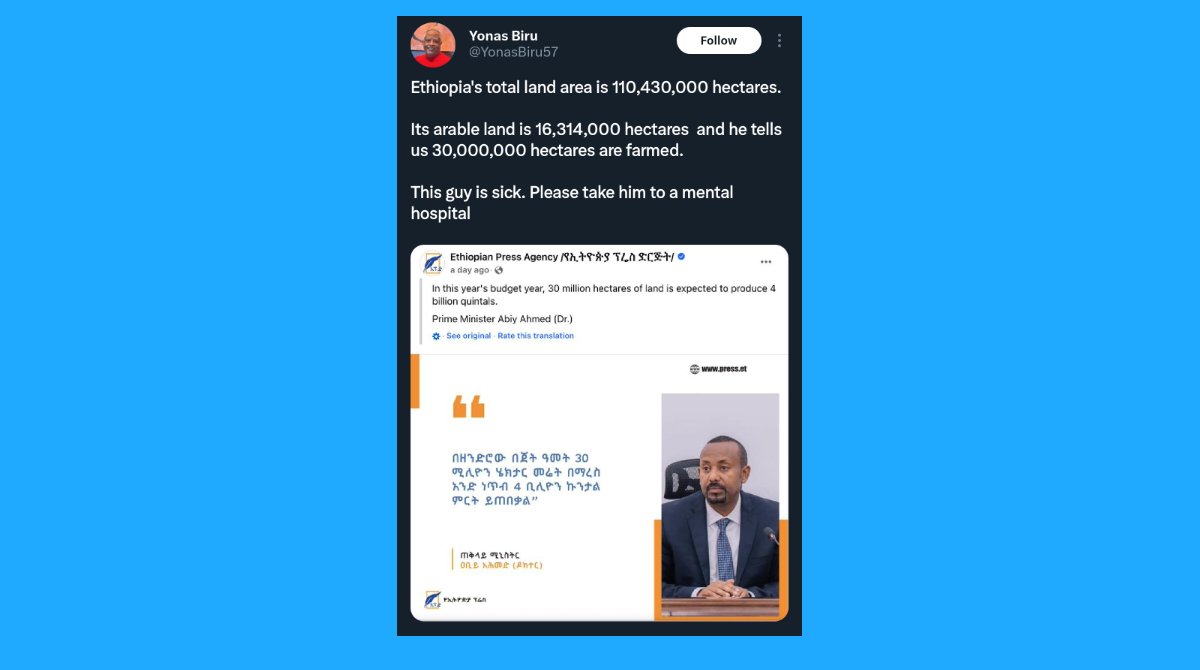 SomewhereEthio's tweet photo. This is Dr. @YonasBiru57 's view about the so called PM @AbiyAhmedAli on the fact that Ethiopian's arable land of Ethiopia. @prosperity2022 is well known for exaggeration of reports. https://t.co/Q9Ph803kkt