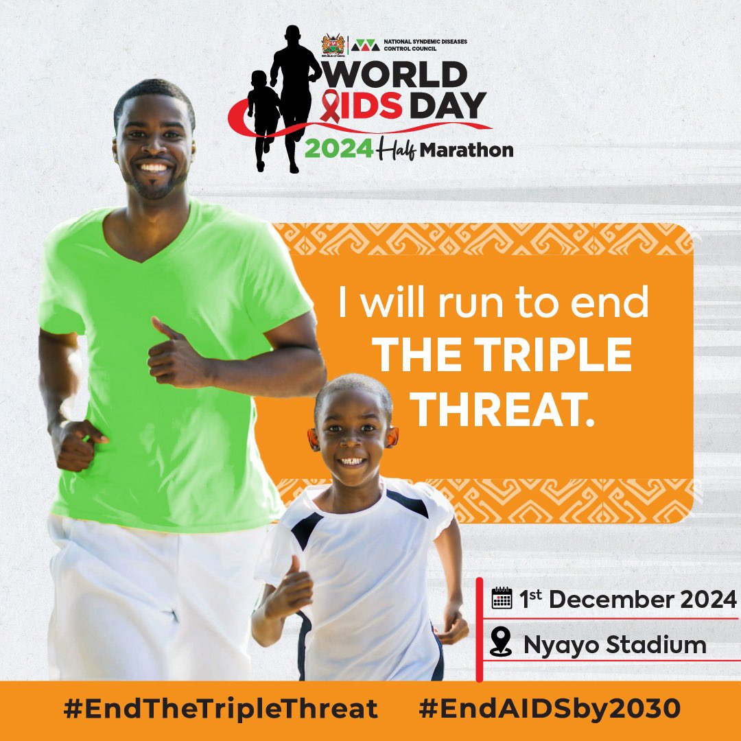 nsdcc_kenya's tweet photo. New HIV infections, unintended pregnancies, as well as sexual and gender-based violence threaten our future. This marathon is a stand against these dangers. Act now! Register here: wad24@nsdcc.go.ke
 #EndTripleThreat #EndAIDSby2030 #WorldAIDSDay2024 https://t.co/O71iNfIve7