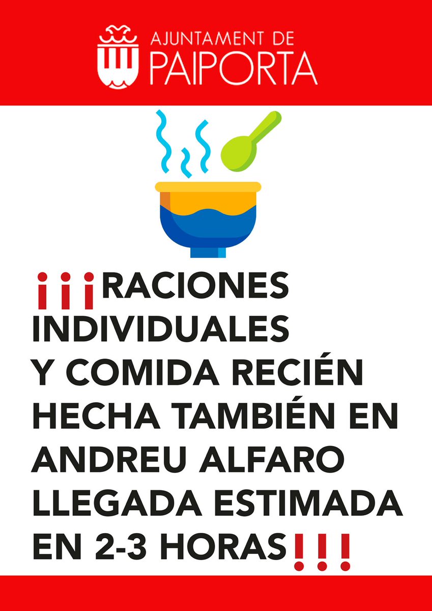 📣🍲REPARTO COMIDA CALIENTE

RACIONES INDIVIDUALES Y COMIDA RECIÉN HECHA EN IES ANDREU ALFARO‼️

LLEGADA ESTIMADA EN 2-3 HORAS