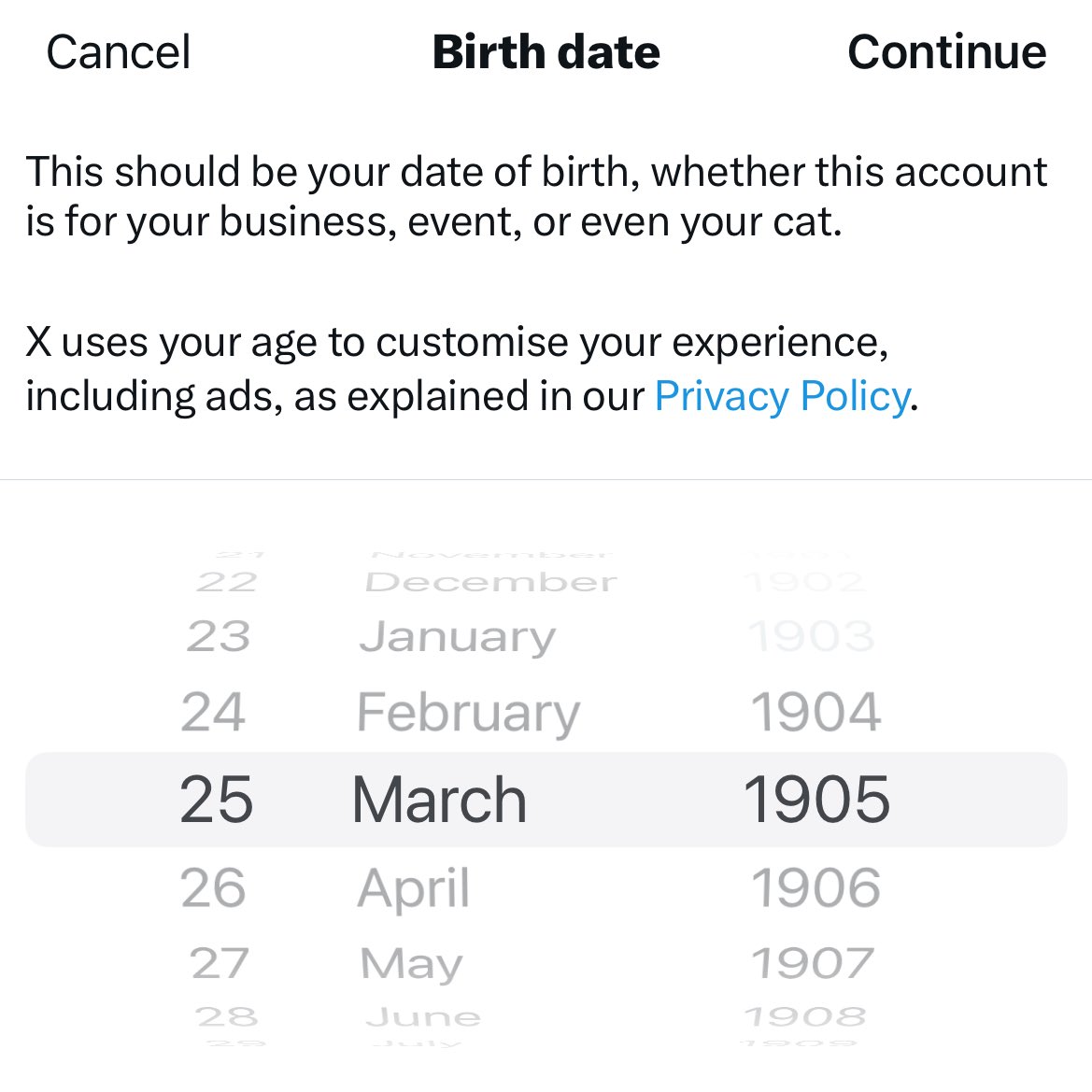 Dear Twitter, you’re threatening to suspend services to <a href="/StBartholomews/">Great St Bartholomew</a> if we don’t add a birth date, but you won’t allow us to go back before 1905. What do we do if our “birth date” is 1123?