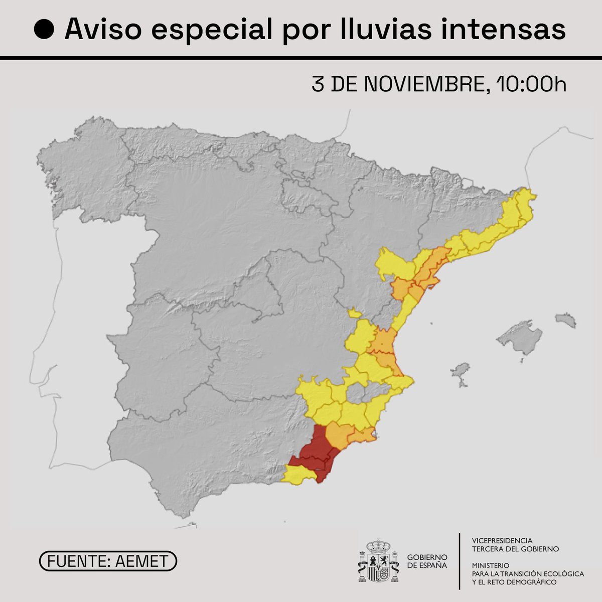 🔴 AVISO ESPECIAL POR LLUVIAS INTENSAS
→ Actualización 10:00h

<a href="/AEMET_Esp/">AEMET</a> ALERTA MÁXIMA EN ALMERÍA. Avisos en todo el levante

⚠️ Posibles desbordamientos de cauces e inundaciones ¡El peligro es extremo! ¡Evite todo desplazamiento!

+info aemet.es/es/eltiempo/pr…