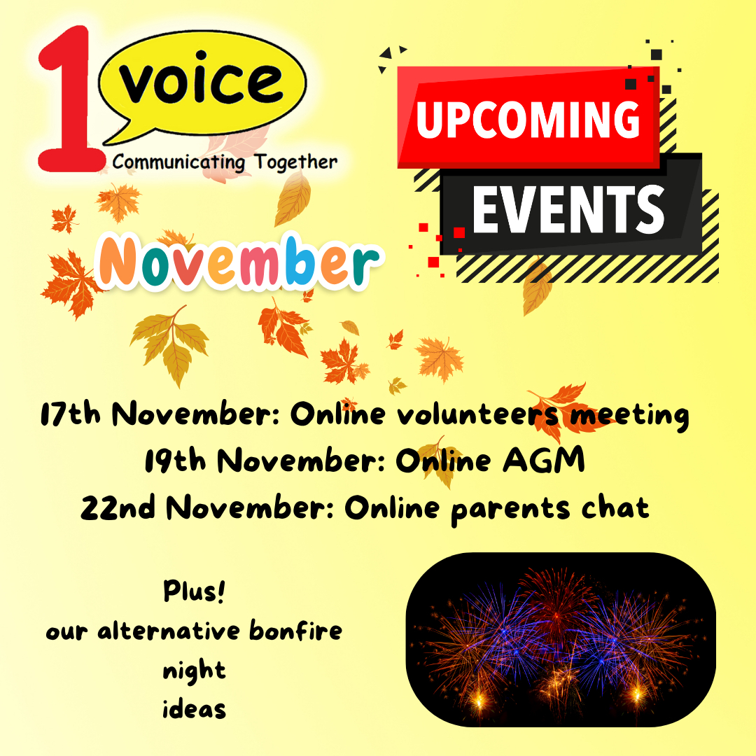 November Events at 1Voice! 🍂

Join us this month for:

🗓️ 17 Nov - Volunteers Meeting
🗓️ 19 Nov - AGM
🗓️ 22 Nov - Parents’ Chat

Plus, check out our alternative Bonfire Night ideas for sensory-friendly fun! 🎆 #1VoiceEvents #AAC #1voiceaac