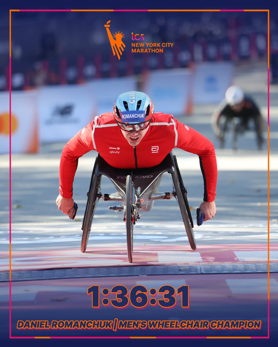 nycmarathon's tweet image. Daniel Romanchuk of the United States has won the Men's Wheelchair division of the 2024 TCS New York City Marathon with an official time of 1:36:31. 🥇