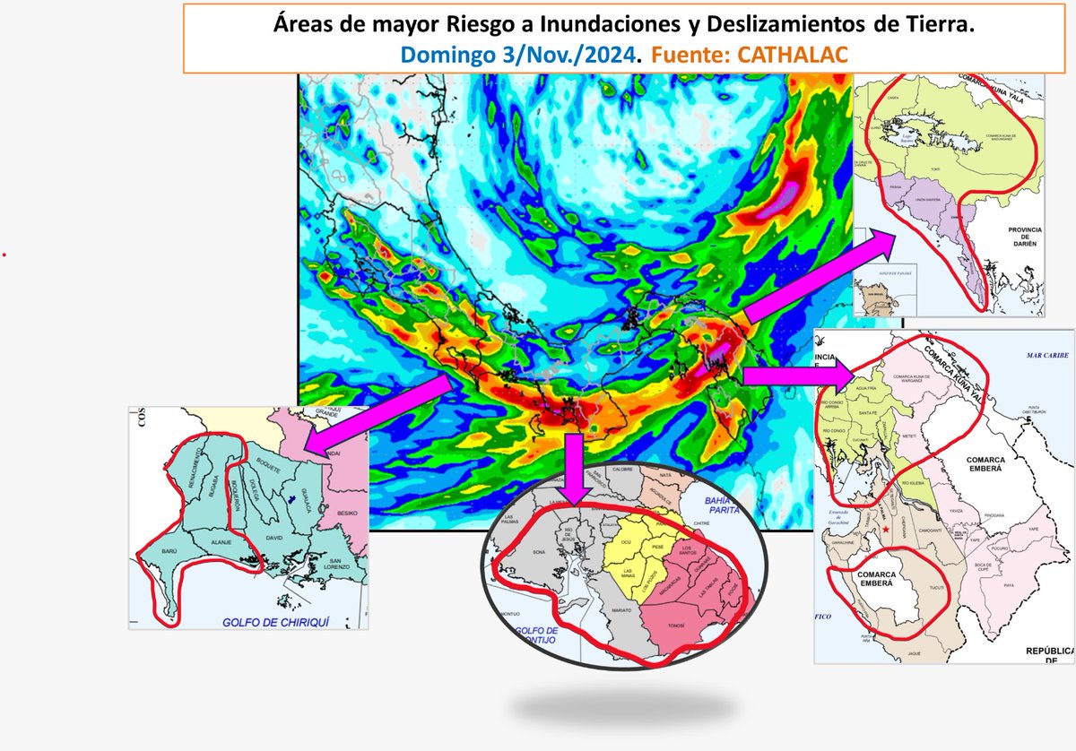 *Áreas de Mayor Riesgo a Inundaciones y Deslizamientos en Panamá:* (1) *Chiriquí:* los distritos de Barú, Alanje, Bugaba. *(2) Veraguas:* Soná, Río Jesús, Mariato. *(3) Los Santos:* Tonosí, Pedasí, Pocré, Las Tablas, Macaracas, Guararé, Los Santos. *(4) Herrera:* Los Pozos, Las
