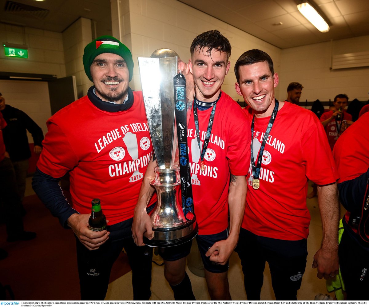Shelbourne FC dressing room after winning the League of Ireland for the first time since 2006. Joey O'Brien has shown steadfast solidarity with Palestine throughout all the league games and on Friday night when Shelbourne FC were crowned league of Ireland champions. Well done.