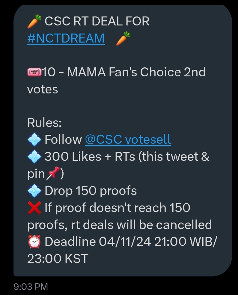 takematchalatte's tweet photo. 🥕 CSC RT DEAL FOR #NCTDREAM 🥕 
🎟10-MAMA Fans Choice 2nd Vote

Rules:
💠 Follow @CSC_votesell 
💠 300 Likes + RTs (this tweet &amp; @CSC_votesell pin📌)
💠 Drop 150 proofs
❌ If proof doesn't reach 150 proofs, rt deals will be cancelled
⏰️ Deadline 04/11/24 21.00 WIB / 23.00 KST https://t.co/ETzMJQCxnL