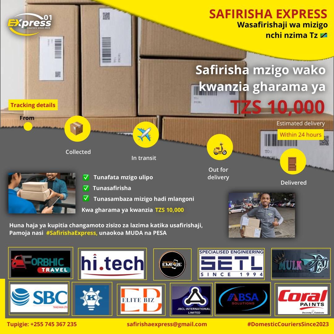 <a href="/sajo_mwaihabi/">LUSAJO</a> We're are reliable local  courier company in Tanzania🇹🇿 that can help you with local shipping needs, we offer competitive rates and discounts for shipping multiple parcels...
We're available at all regions in Tanzania.
Our contact:0762455046 - dar/ 0745367235 Mwanza.
Call us...🙏🏽