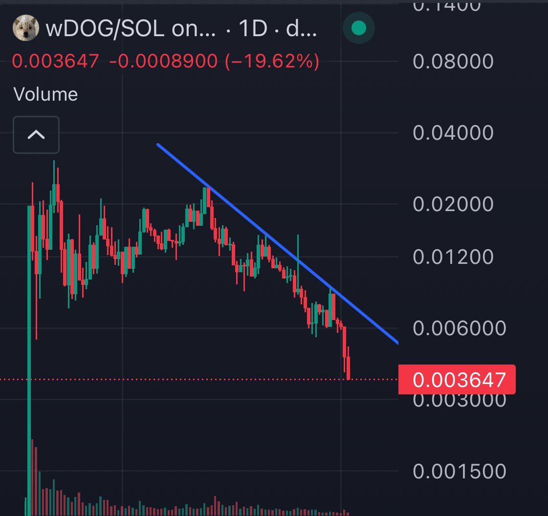 wrappedTC's tweet photo. I see a large dump on low volume. 

I see bozos selling out of fear. 

I see a buying opportunity. 

$wDOG is cooking. https://t.co/Ewano4arot