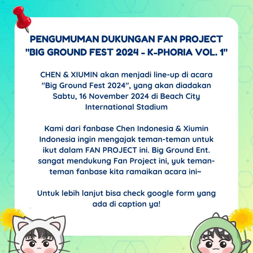 chen_indonesia's tweet photo. #CHEN &amp; #XIUMIN akan menjadi line-up di acara "Big Ground Fest 2024":

🗓️Sabtu, 16 Nov 2024
📍BCIS

Kami dari fanbase Chen Indonesia &amp; @teamelsaINA menginfokan SPECIAL OFFER FAN PROJECT untuk kalian semua. 

Bisa diakses melalui:
🔗 https://t.co/qzRXXBU7BW

@bigground_ent https://t.co/PbiPsl4bBZ