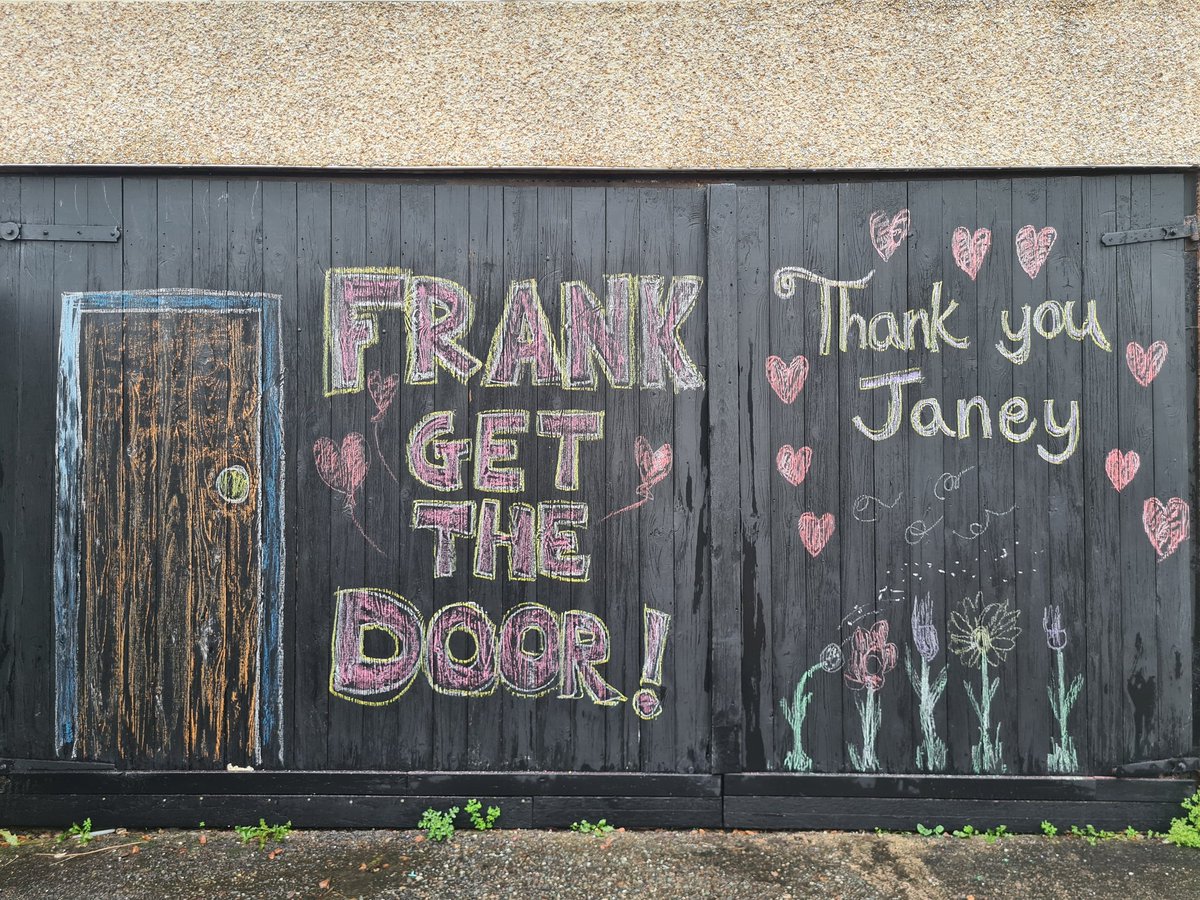 c_hilditch's tweet photo. We wanted to do a garage door for @JaneyGodley who passed away yesterday. Like Janey, we used our creative skills to help improve our community's mental health during the pandemic. Janey shared our story with her many followers and for that we are truly thankful. Farewell Janey https://t.co/uyhFAIzTRJ