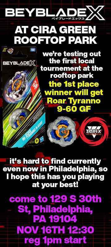 smashing219's tweet photo. I'm hosting a tournament for BBAX! Players should bring a deck of 3 beyblades with no repeating parts. Along with a side deck of 1 blade, ratchet, and bit that's also unique. Regardless 12:30pm, play at 1pm. See you there! #BBAX #BEYBLADEX https://t.co/KhzGrBovjg