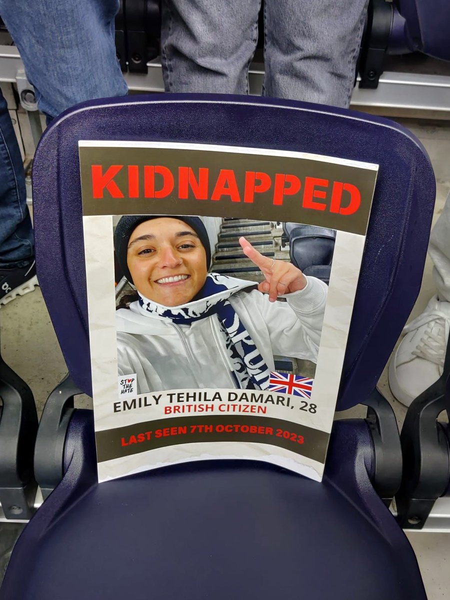 This seat at THFC is reserved for Emily Damari. Bring her home now! #Spurs #THFC #BringThemHomeNow #StopTheHate