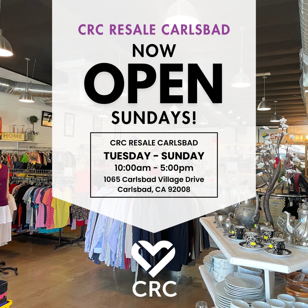 📢 Our Carlsbad resale store is now open on Sundays! Stop by CRC Carlsbad or Encinitas today to shop preloved treasures and support <a href="/SanDiegoCRC/">aslıhan özer</a>. See you there!