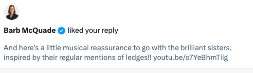 OMG I'm verklemp!The brilliant <a href="/BarbMcQuade/">Barb McQuade</a> liked my song (inspired by <a href="/sistersinlawpod/">#SistersInLaw</a> and fellow fabulous panelists, <a href="/JillWineBanks/">Jill Wine-Banks (now on Threads and Bluesky)</a> <a href="/JoyceWhiteVance/">Joyce Alene</a> and @KimberlyEAtkins ). Here's the link for some musical reassurance: youtube.com/watch?v=o7YeBh…