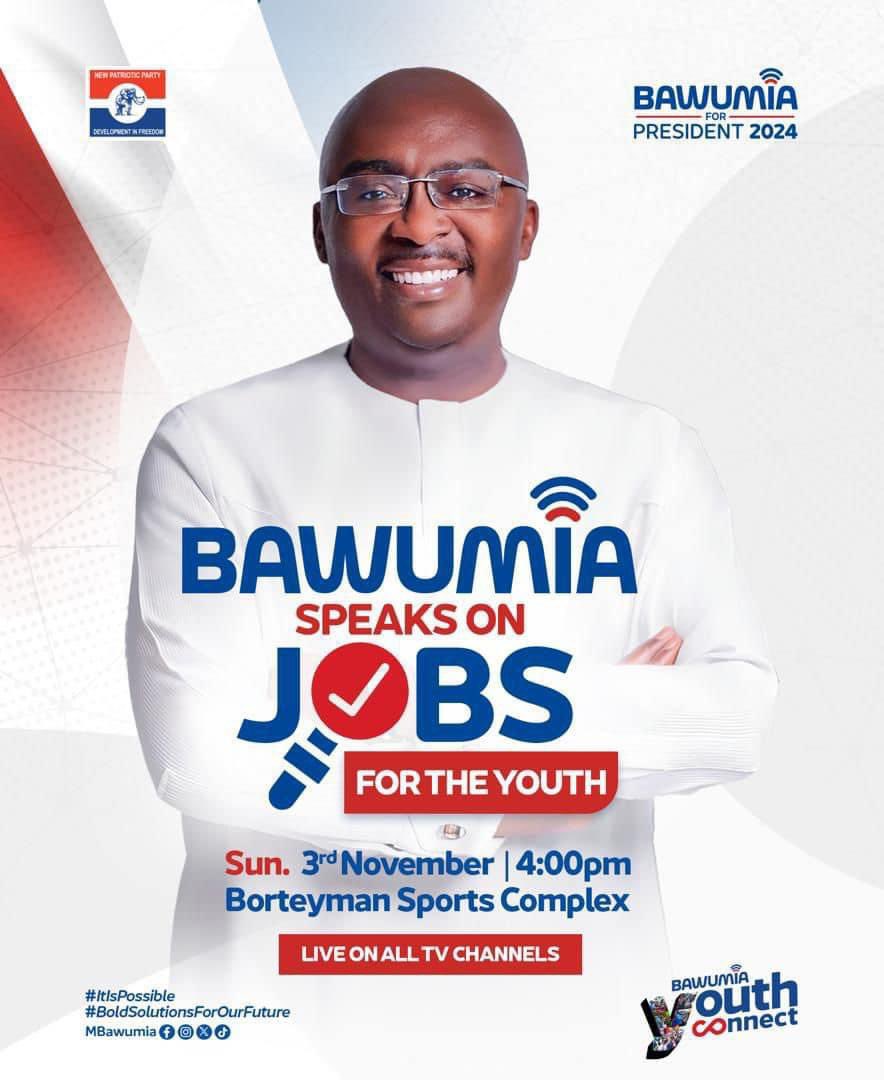 Make a date with His Excellency @mbawumia today at 4 PM at the Borteyman Sports Complex for an exciting discussion, as he speaks on job opportunities for the youth. Be part of the conversation that matters, don’t miss out!