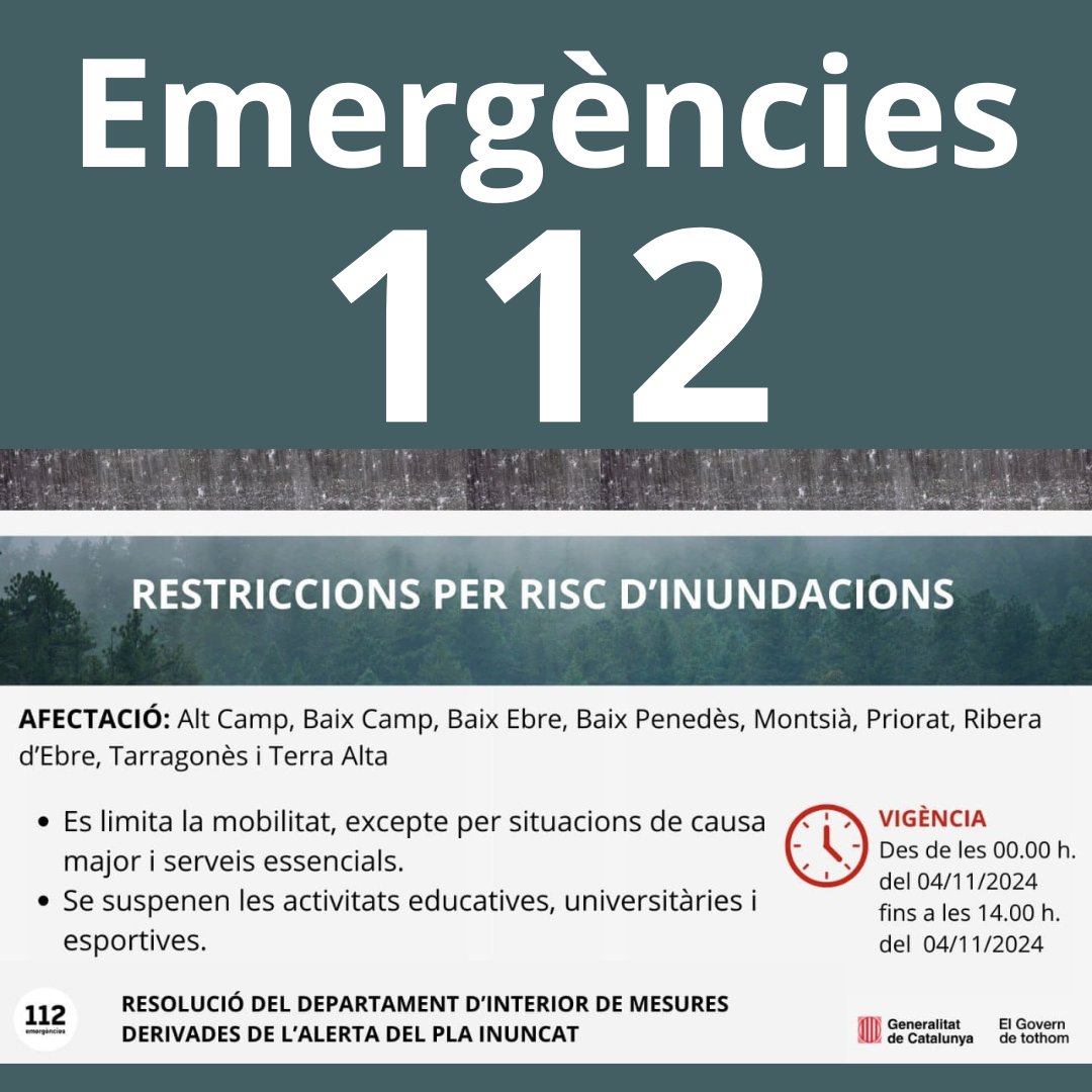 ⚠️ AVÍS IMPORTANT: RESTRICCIONS PER RISC D'INUNDACIONS

A causa del risc elevat d’inundacions previst per les pròximes hores, i seguint les instruccions de Protecció Civil l'Ajuntament del Montmell informa que s’han implementat restriccions:

+INFO: elmontmell.cat/noticies/avis-…