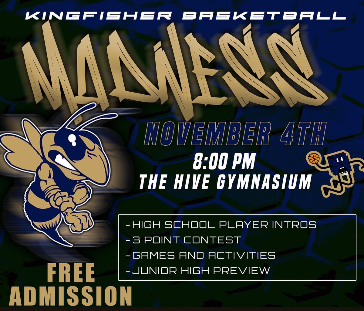 KINGFISHERHIGH's tweet photo. Tomorrow night—
KINGFISHER BASKETBALL MADNESS
Come check out our Girls and Boys basketball programs on Monday, November 4th at 8:00pm 🏀 💙🐝💛 We will also introduce JH cheer and have a performance from our HS Cheer Team! https://t.co/UqNTJNPPsk