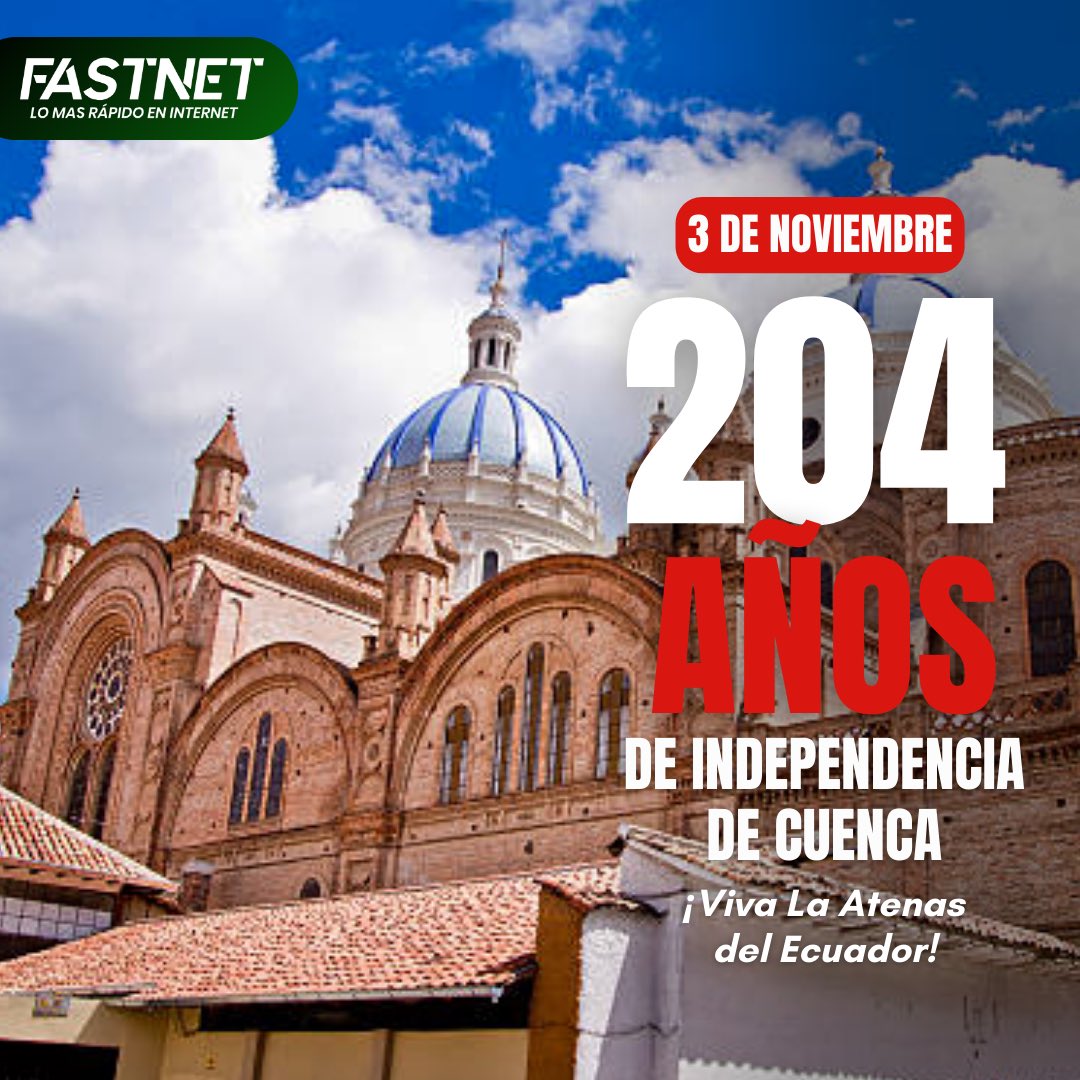 fastnetcomec's tweet photo. 🌄🇪🇨 ¡Celebramos la Independencia de Cuenca!
Este 3 de noviembre conmemoramos los 204 años desde que la "Atenas del Ecuador" dio un gran paso hacia la libertad. ¡Feliz aniversario, Cuenca! 🎉 #Fastnet  #IndependenciaDeCuenca #OrgulloEcuatoriano https://t.co/solyrrBsbz