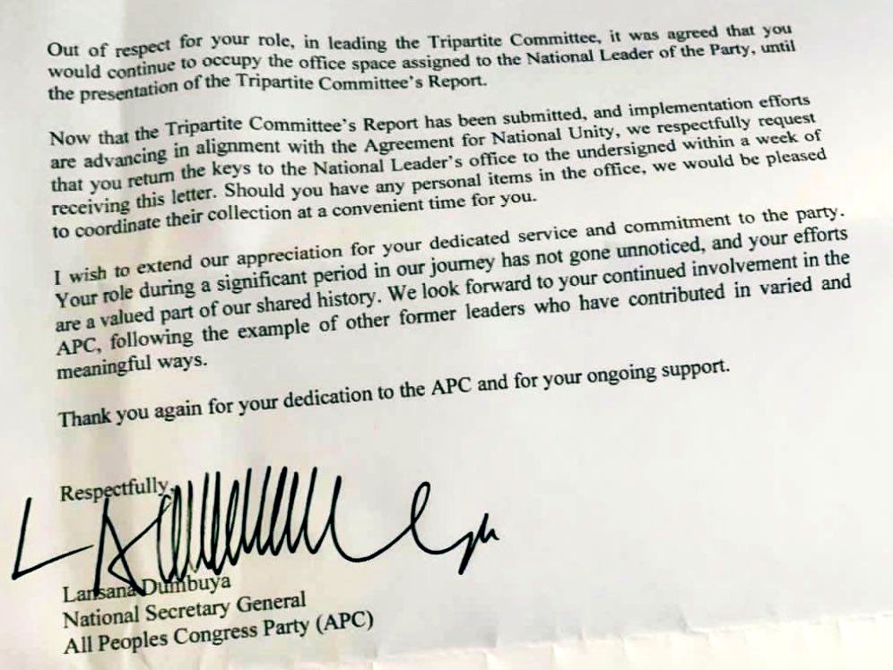 <a href="/Weyonenews/">We Yone Press</a> <a href="/We_yoneNp/">We Yone Newspaper</a> The Secretariat of Sierra Leone’s main opposition party, All People’s Congress (APC) has asked the party’s 2023 Presidential Candidate, Dr. Samura Kamara to hand over the keys of the National Leader’s office at their headquarters in Freetown