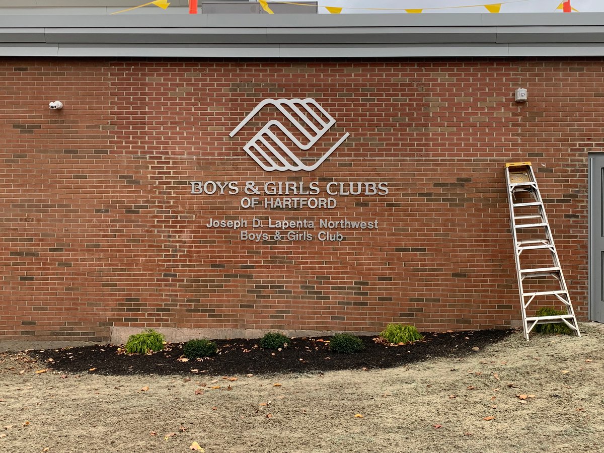 .5” thick exterior cast brush aluminum pin mounted letters installed on brick #signs #boysandgrlsclub #hartford #Aluminum #connecticut