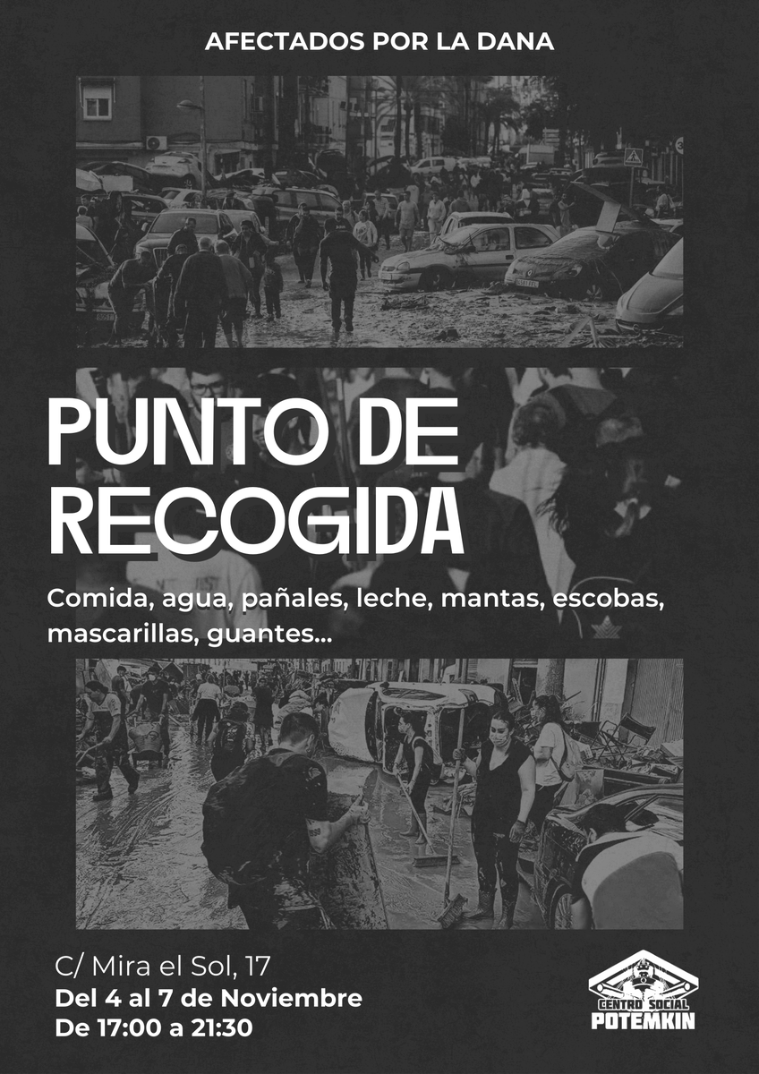 🔴 Punto de recogida en LAVAPIÉS.

Frente a la barbarie capitalista toca organizar la solidaridad popular, toca organizar la alternativa.

Habilitamos un punto de recogida de materiales en C/ Mira el sol 17.