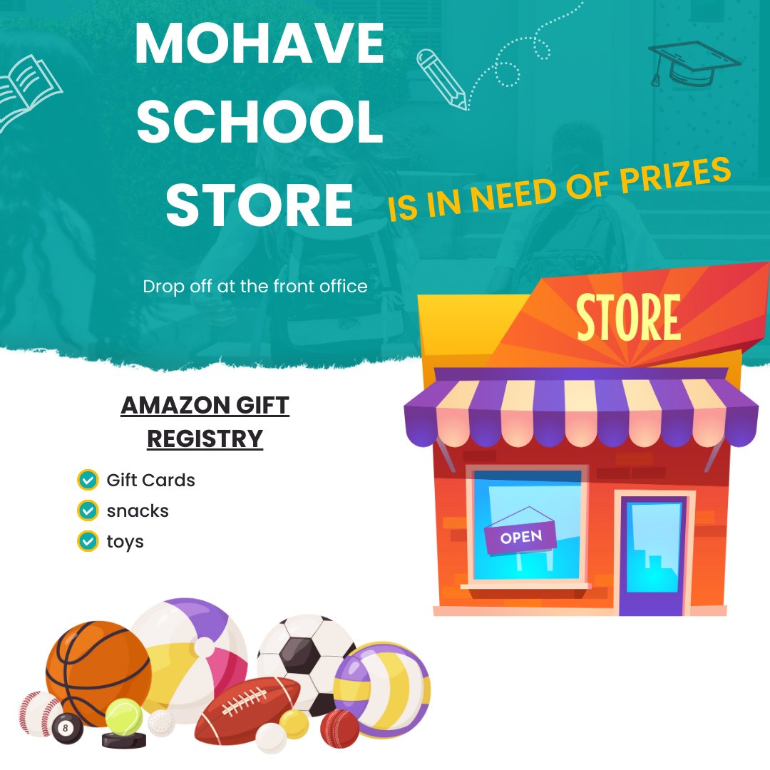 The PBIS School Store is in need! Please check out our Amazon Gift Registry to donate items. Better yet! Ask your child what they would like, buy it, and donate it to the Mohave School Store.
amazon.com/registries/gl/…