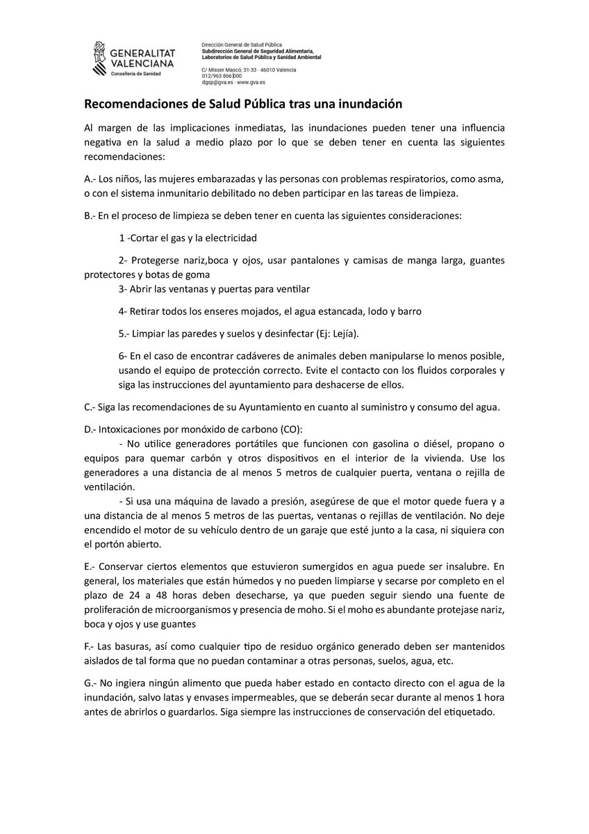 ‼️Os recordamos las recomendaciones de Salud Pública a tener en cuenta en las tareas de limpieza de las zonas inundadas y para más información consultad la web : san.gva.es/ca/web/sanidad 

➕Toda la información:👇