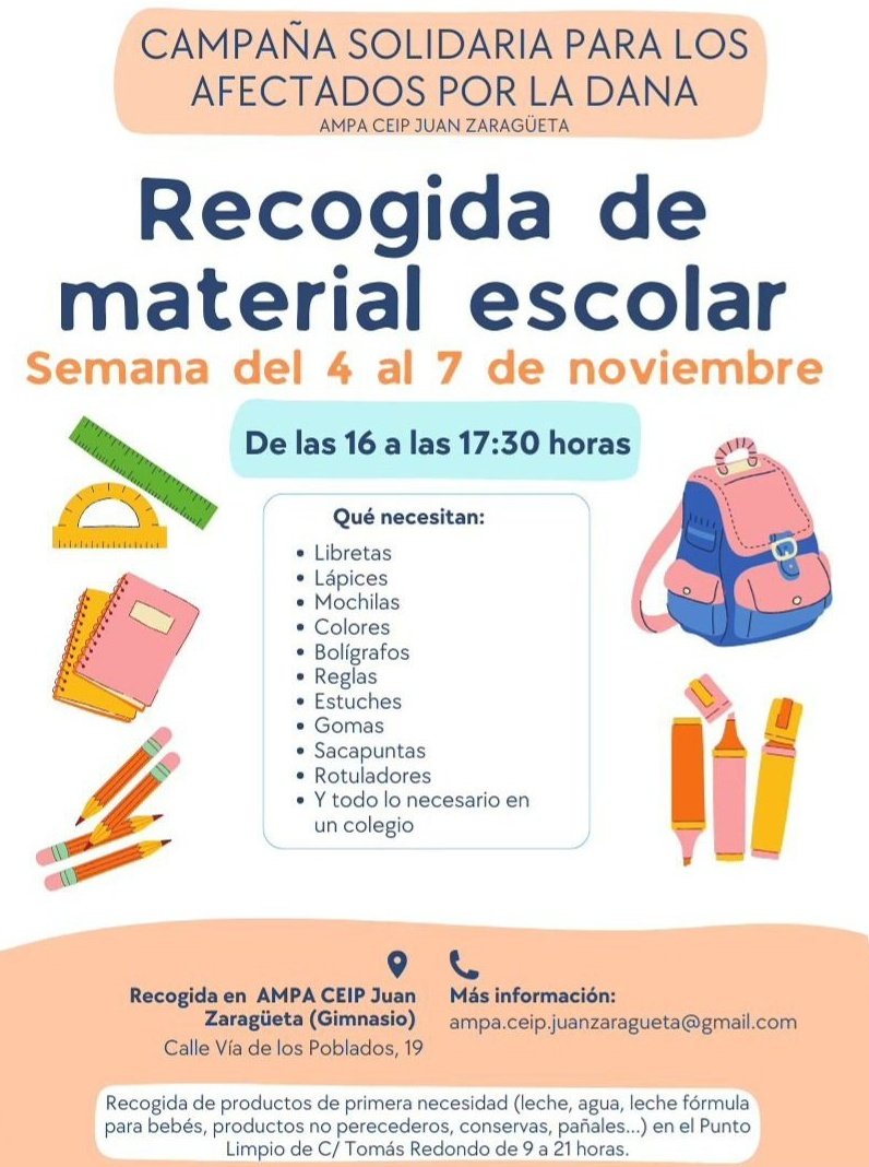 AVLaUnion's tweet photo. Recogida solidaria de material escolar para Letur, otra de las zonas afectadas por #Dana
Está organizada desde el AMPA del @ceip_zaragueta
Todo nuestro apoyo
#HortalezaSolidaria
#solidaridadvecinal https://t.co/4gmdEPjESn